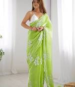 Perrot silver floral cutwork embroidered organza party wear saree with blouse piece