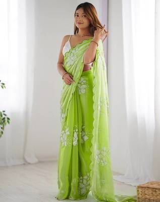Perrot silver floral cutwork embroidered organza party wear saree with blouse piece 4