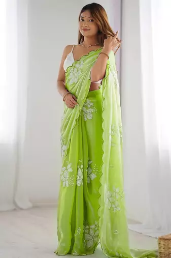 Perrot silver floral cutwork embroidered organza party wear saree with blouse piece