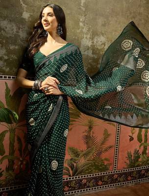 Green georgette bandhni saree with unstitched blouse piece 1
