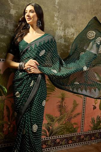 Green georgette bandhni saree with unstitched blouse piece