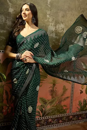 Green georgette bandhni saree with unstitched blouse piece