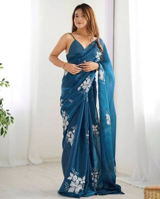 Petrol silver floral cutwork embroidered organza party wear saree with blouse piece 1
