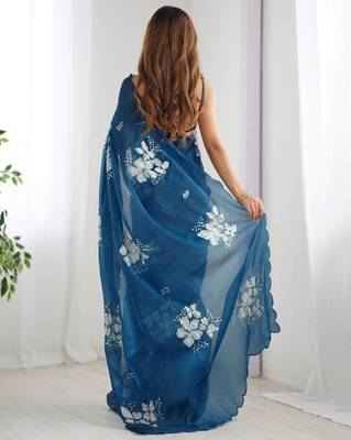 Petrol silver floral cutwork embroidered organza party wear saree with blouse piece 2