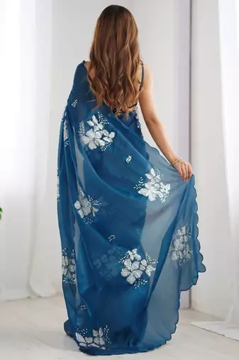 Petrol silver floral cutwork embroidered organza party wear saree with blouse piece
