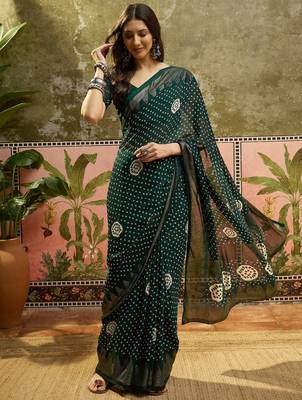 Green georgette bandhni saree with unstitched blouse piece 2