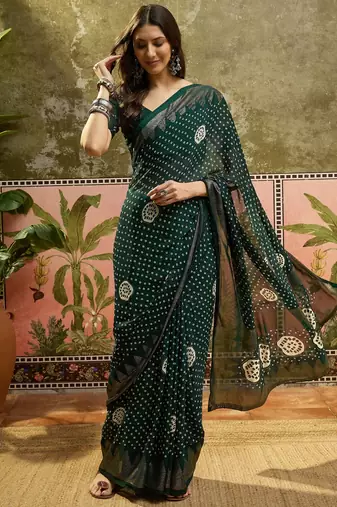Green georgette bandhni saree with unstitched blouse piece