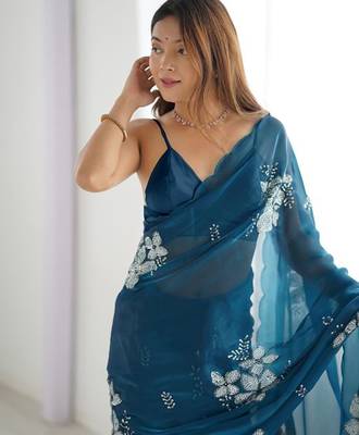Petrol silver floral cutwork embroidered organza party wear saree with blouse piece 3