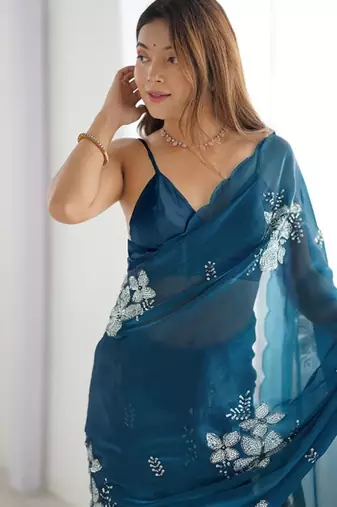 Petrol silver floral cutwork embroidered organza party wear saree with blouse piece