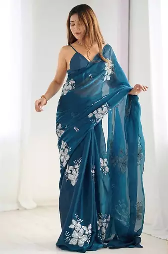 Petrol silver floral cutwork embroidered organza party wear saree with blouse piece