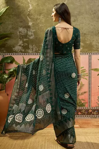 Green georgette bandhni saree with unstitched blouse piece
