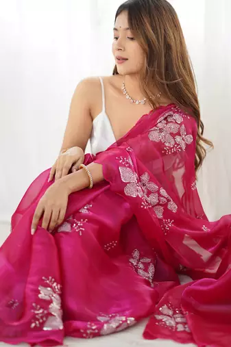 Pink silver floral cutwork embroidered organza party wear saree with blouse piece