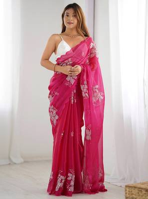 Pink silver floral cutwork embroidered organza party wear saree with blouse piece 1