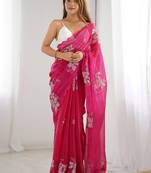 Pink silver floral cutwork embroidered organza party wear saree with blouse piece