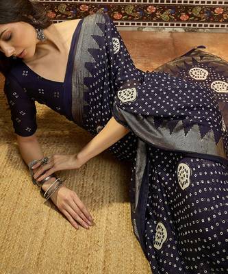 Navy blue georgette bandhni saree with unstitched blouse piece 2