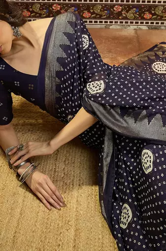 Navy blue georgette bandhni saree with unstitched blouse piece