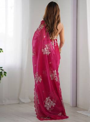 Pink silver floral cutwork embroidered organza party wear saree with blouse piece 3