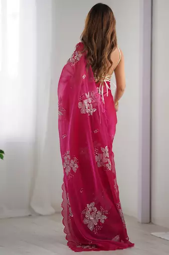 Pink silver floral cutwork embroidered organza party wear saree with blouse piece