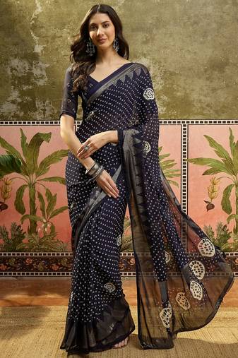 Navy blue georgette bandhni saree with unstitched blouse piece
