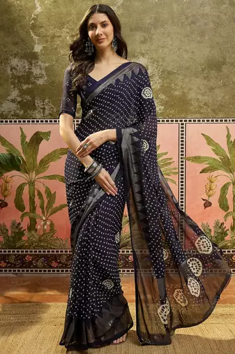 Navy blue georgette bandhni saree with unstitched blouse piece