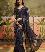 Navy blue georgette bandhni saree with unstitched blouse piece