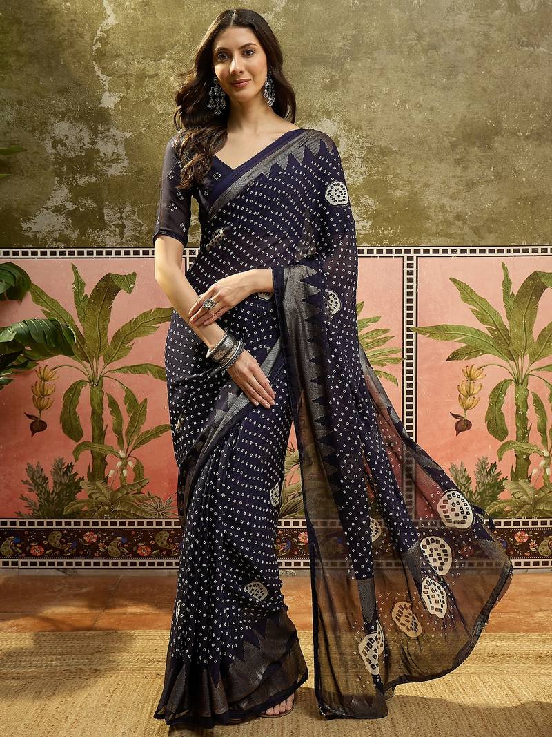 Navy blue georgette bandhni saree with unstitched blouse piece