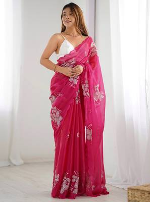 Pink silver floral cutwork embroidered organza party wear saree with blouse piece 4