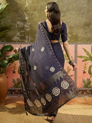 Navy blue georgette bandhni saree with unstitched blouse piece 3