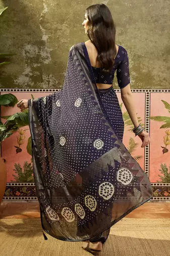 Navy blue georgette bandhni saree with unstitched blouse piece