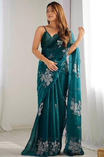 Rama silver floral cutwork embroidered organza party wear saree with blouse piece