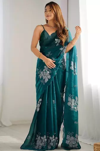 Rama silver floral cutwork embroidered organza party wear saree with blouse piece