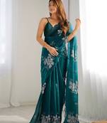 Rama silver floral cutwork embroidered organza party wear saree with blouse piece