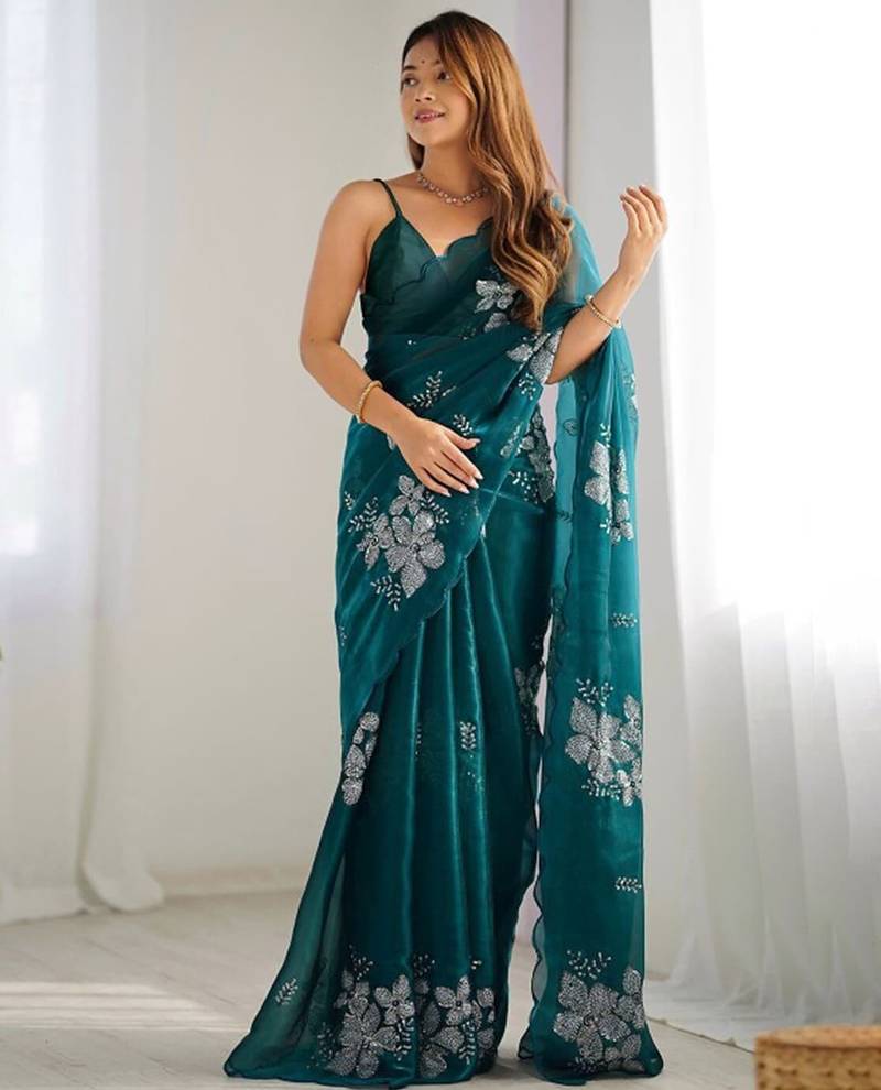 Rama silver floral cutwork embroidered organza party wear saree with blouse piece