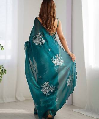 Rama silver floral cutwork embroidered organza party wear saree with blouse piece 2