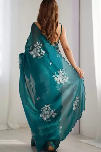 Rama silver floral cutwork embroidered organza party wear saree with blouse piece