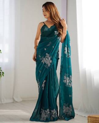 Rama silver floral cutwork embroidered organza party wear saree with blouse piece 3