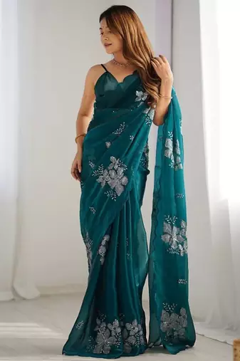 Rama silver floral cutwork embroidered organza party wear saree with blouse piece