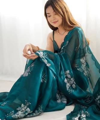 Rama silver floral cutwork embroidered organza party wear saree with blouse piece 4