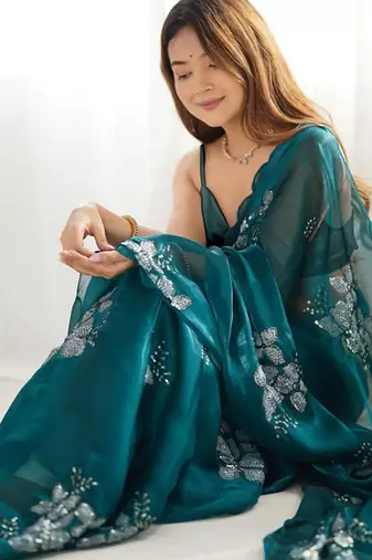 Rama silver floral cutwork embroidered organza party wear saree with blouse piece
