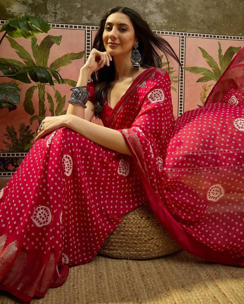 Rani georgette bandhni saree with unstitched blouse piece