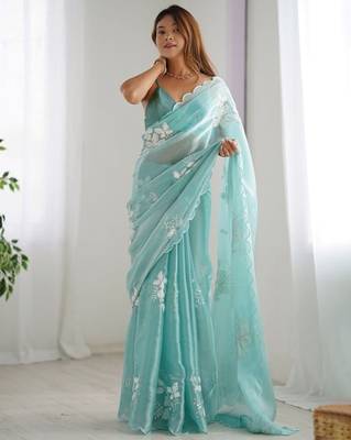 Sky silver floral cutwork embroidered organza party wear saree with blouse piece 1
