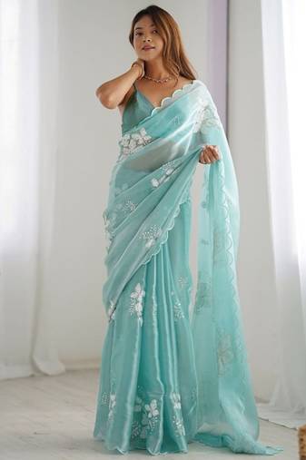 Sky silver floral cutwork embroidered organza party wear saree with blouse piece