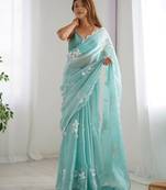 Sky silver floral cutwork embroidered organza party wear saree with blouse piece