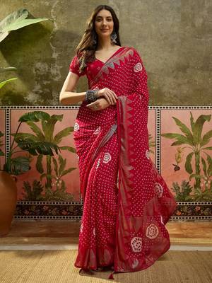 Rani georgette bandhni saree with unstitched blouse piece 2