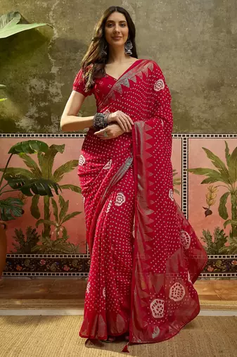 Rani georgette bandhni saree with unstitched blouse piece
