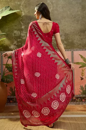 Rani georgette bandhni saree with unstitched blouse piece