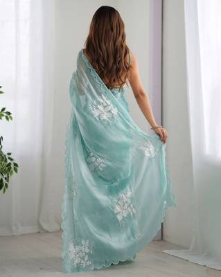 Sky silver floral cutwork embroidered organza party wear saree with blouse piece 4