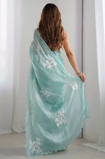 Sky silver floral cutwork embroidered organza party wear saree with blouse piece