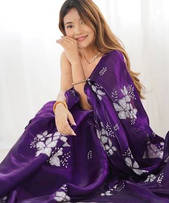Violet silver floral cutwork embroidered organza party wear saree with blouse piece 2