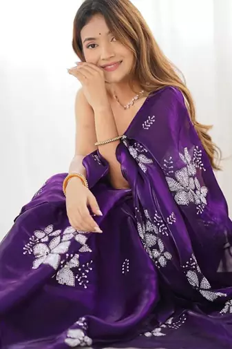 Violet silver floral cutwork embroidered organza party wear saree with blouse piece